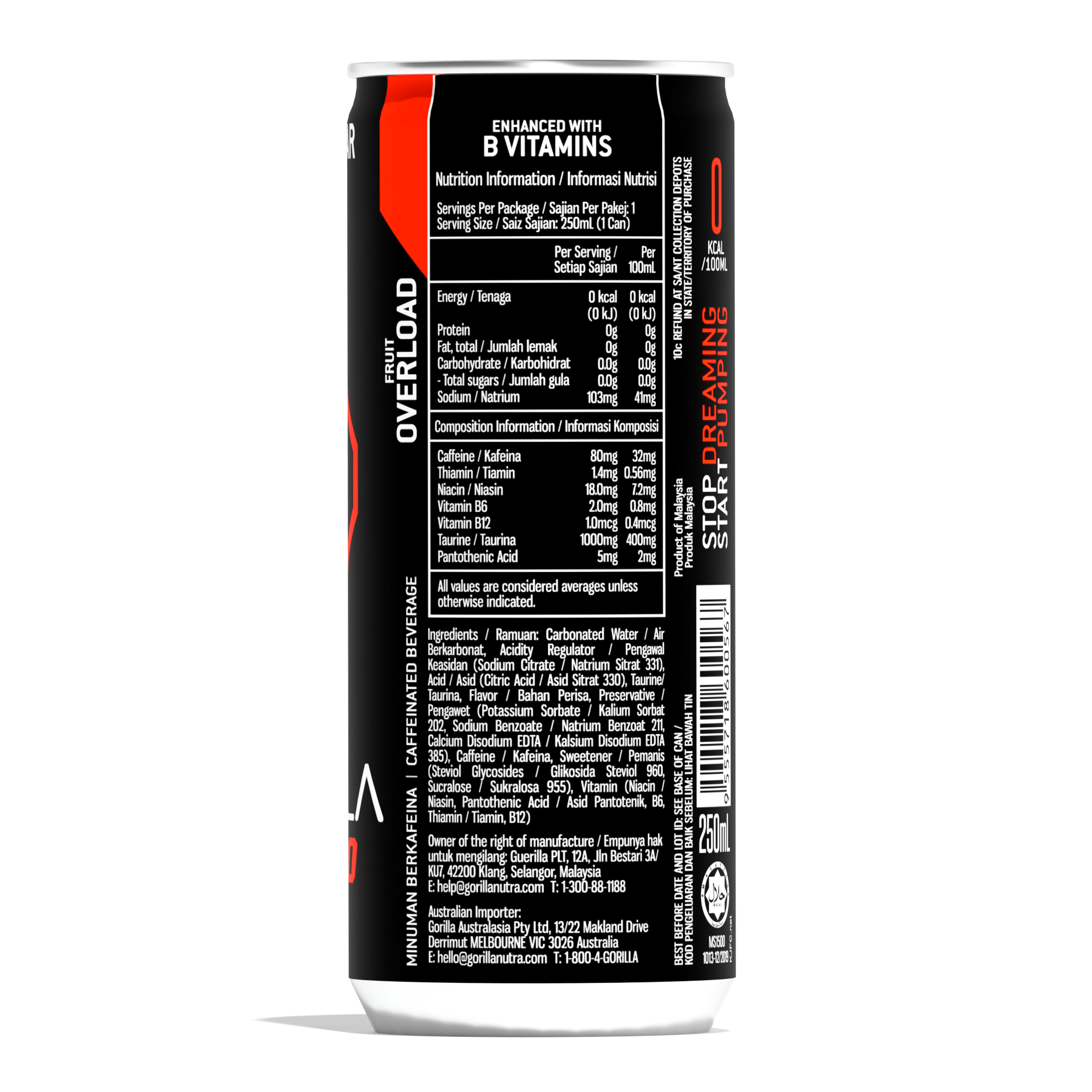 GORILLA Turbo ZERO Fruit Overload 250mL x 24 Cans/Carton